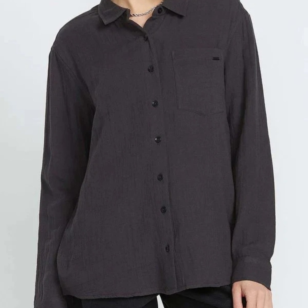 Volcom Lived In Lil Button Up Long Sleeve Cotton Gauze Shirt Blouse Black NWT XS